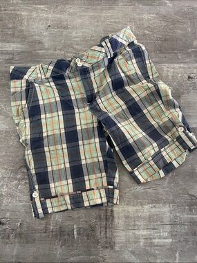 Faded Glory Navy, Cream & Green Plaid Flat-Front Shorts